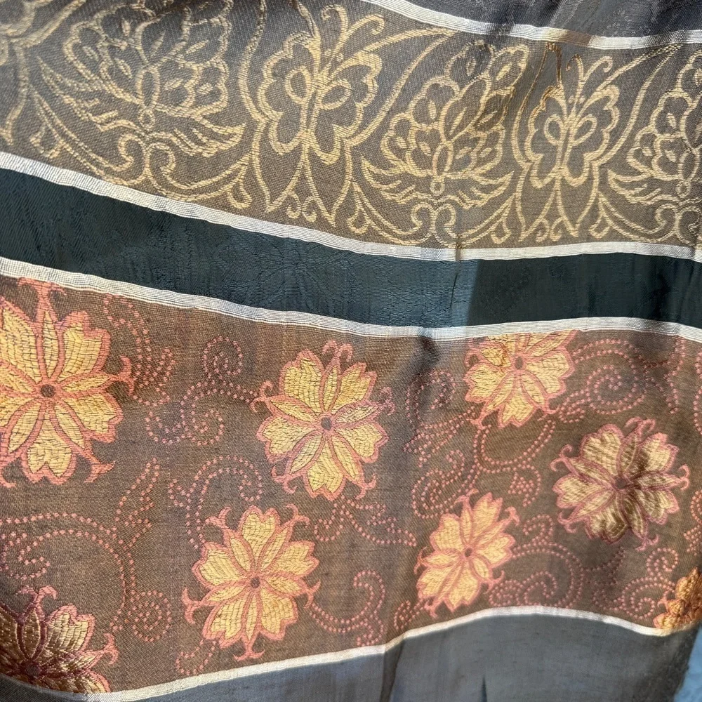 100% Silk Scarf Embroidered Brown Floral Scarf 67x21 Thanksgiving Preppy Fall